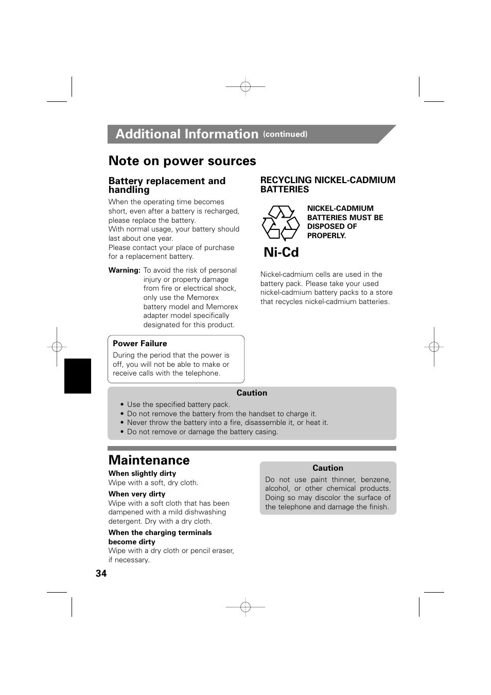 Additional information, Maintenance, Ni-cd | Memorex MPH6935 User Manual | Page 34 / 40