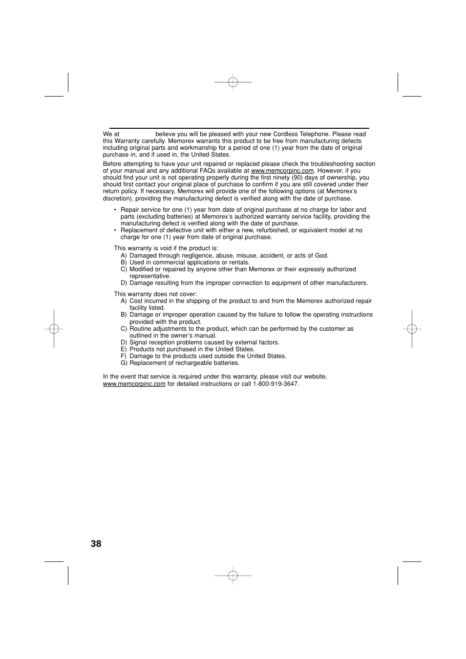 Limited warranty—cordless telephones | Memorex MPH6935 User Manual | Page 38 / 40