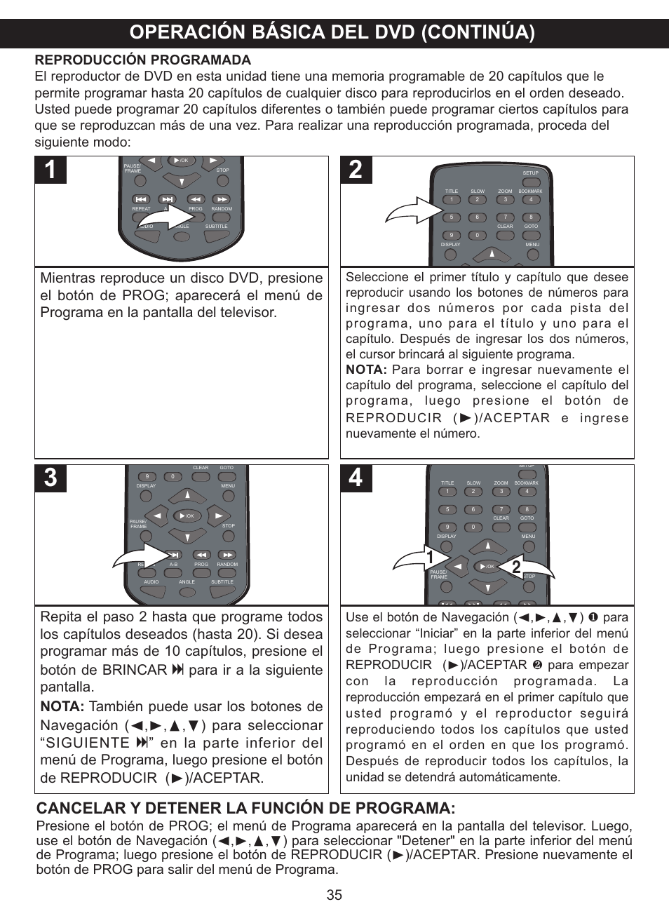 Operación básica del dvd (continúa), Cancelar y detener la función de programa, Aceptar e ingrese nuevamente el número | Memorex MVDP1085 User Manual | Page 82 / 94
