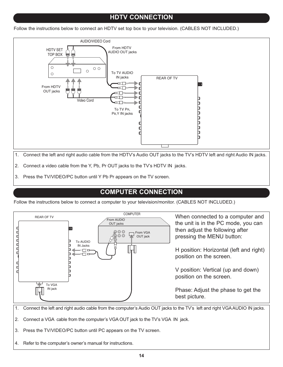 Hdtv connection computer connection | Memorex MT3010OM User Manual | Page 15 / 42