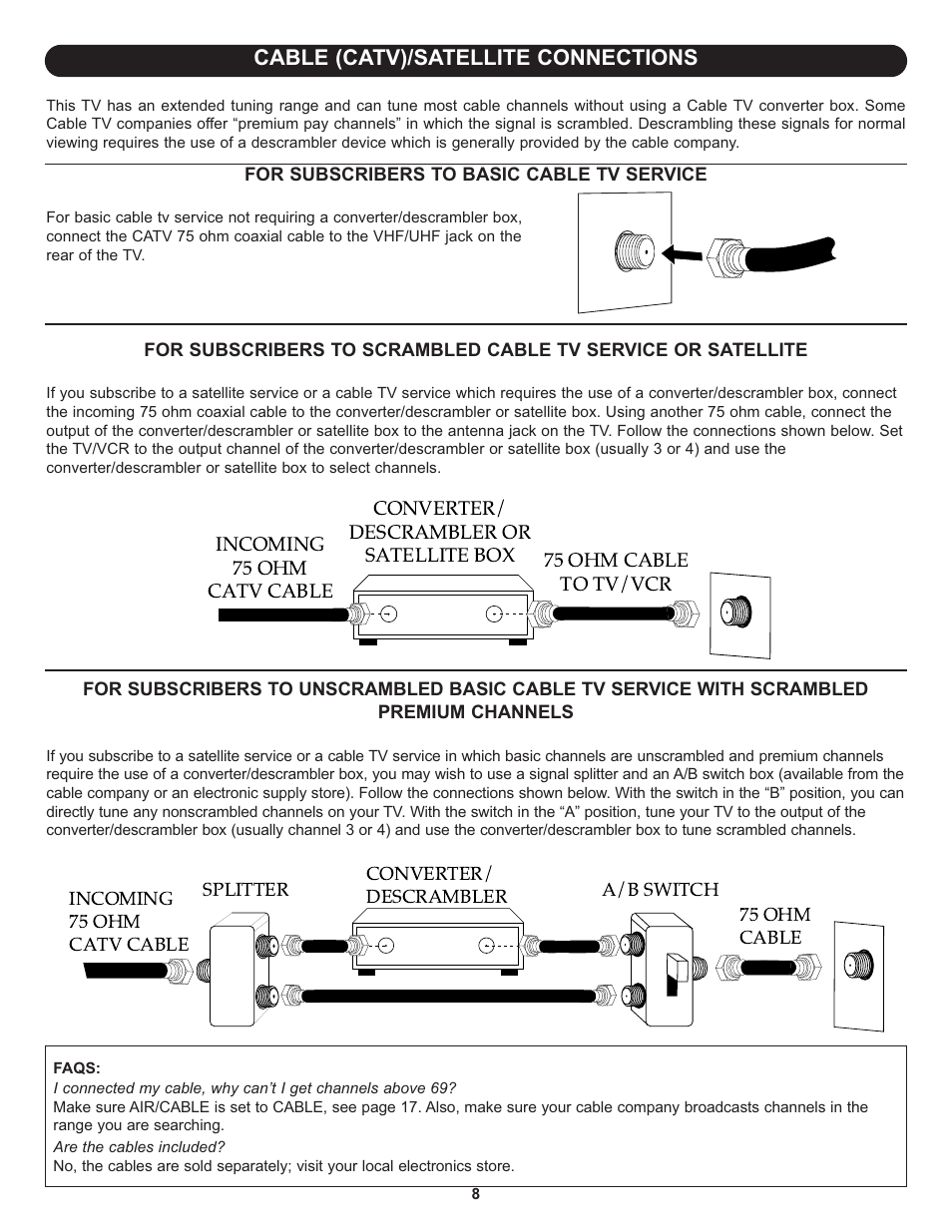 Cable (catv)/satellite connections | Memorex MT3010OM User Manual | Page 9 / 42
