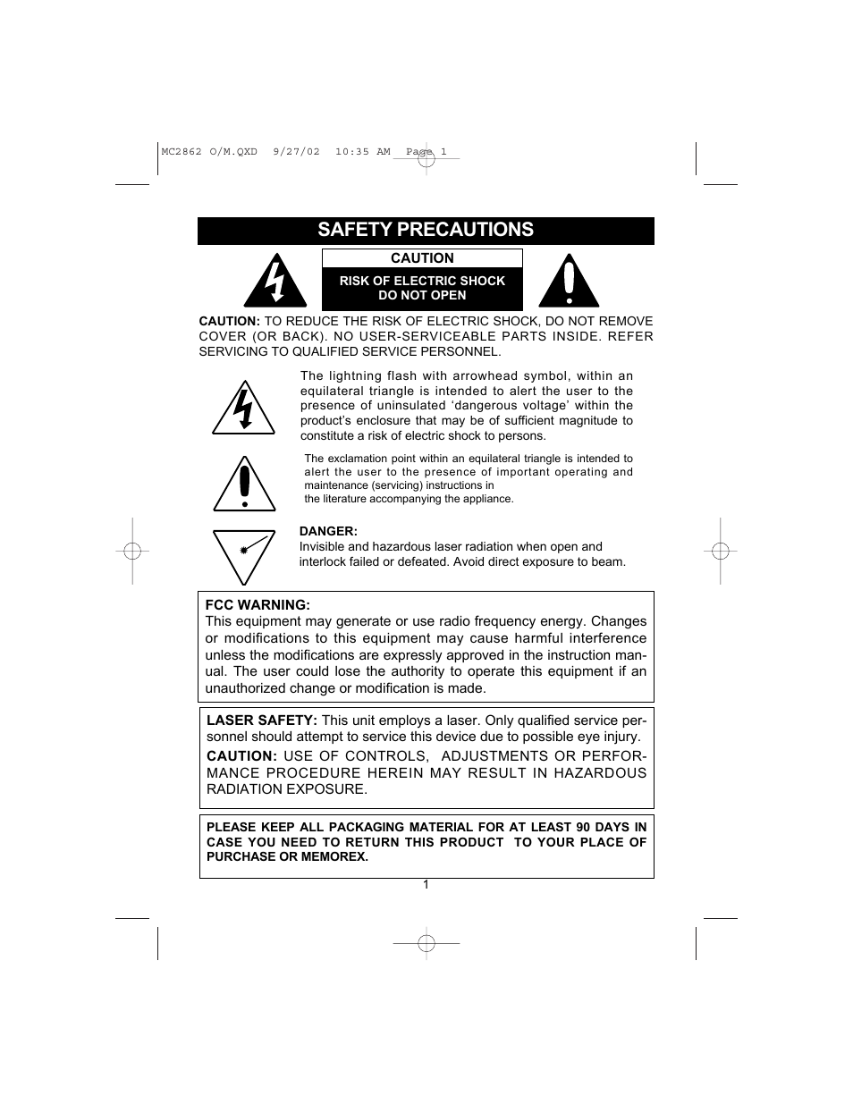 Safety precautions | Memorex MC2862 User Manual | Page 2 / 19