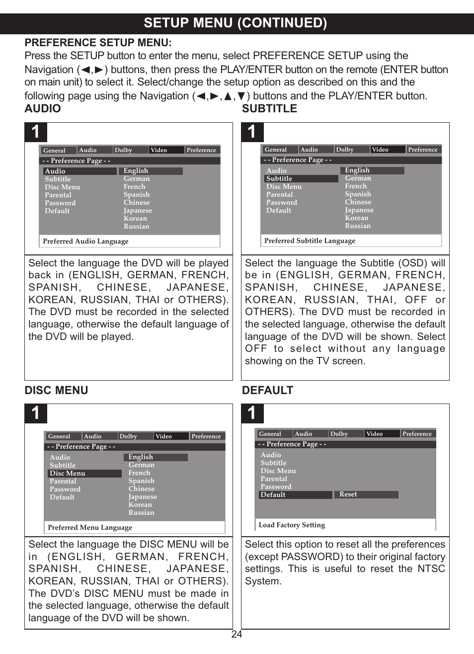 Setup menu (continued), Audio subtitle, Disc menu default | Memorex MVDP1083 User Manual | Page 25 / 46