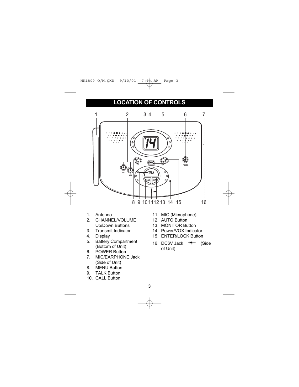 Location of controls | Memorex MK1800 User Manual | Page 4 / 12