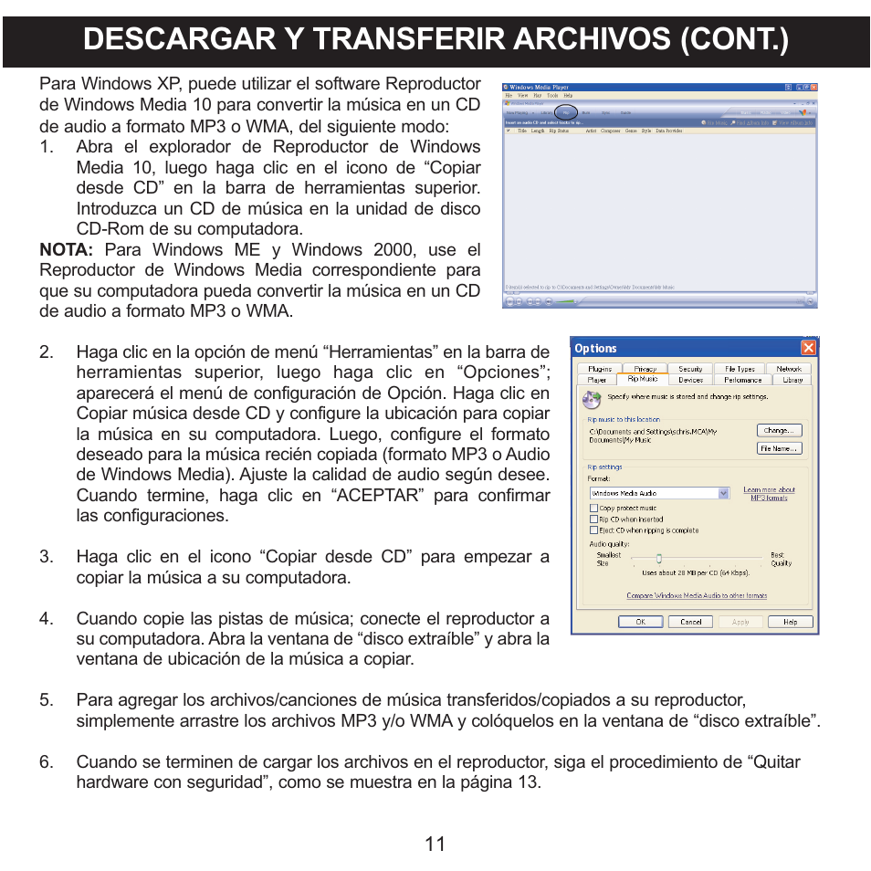 Descargar y transferir archivos (cont.) | Memorex MMP3780 User Manual | Page 48 / 74