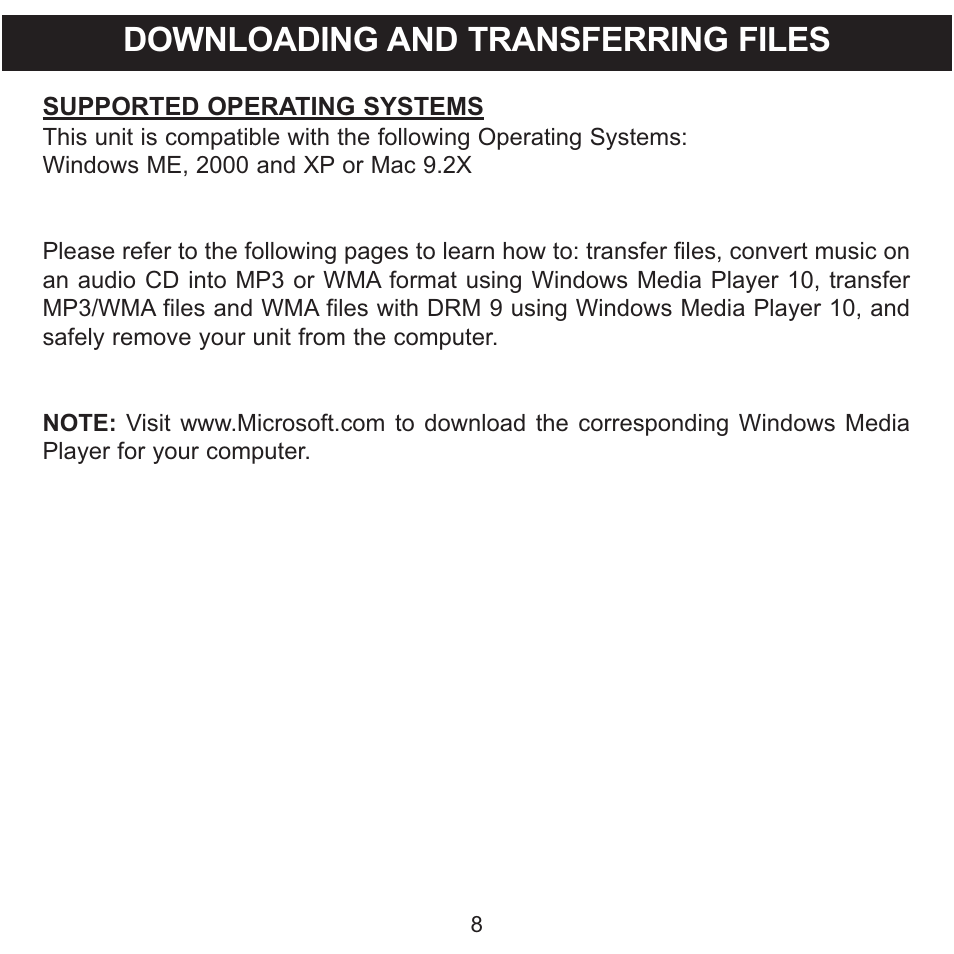 Downloading and transferring files | Memorex MMP3780 User Manual | Page 9 / 74