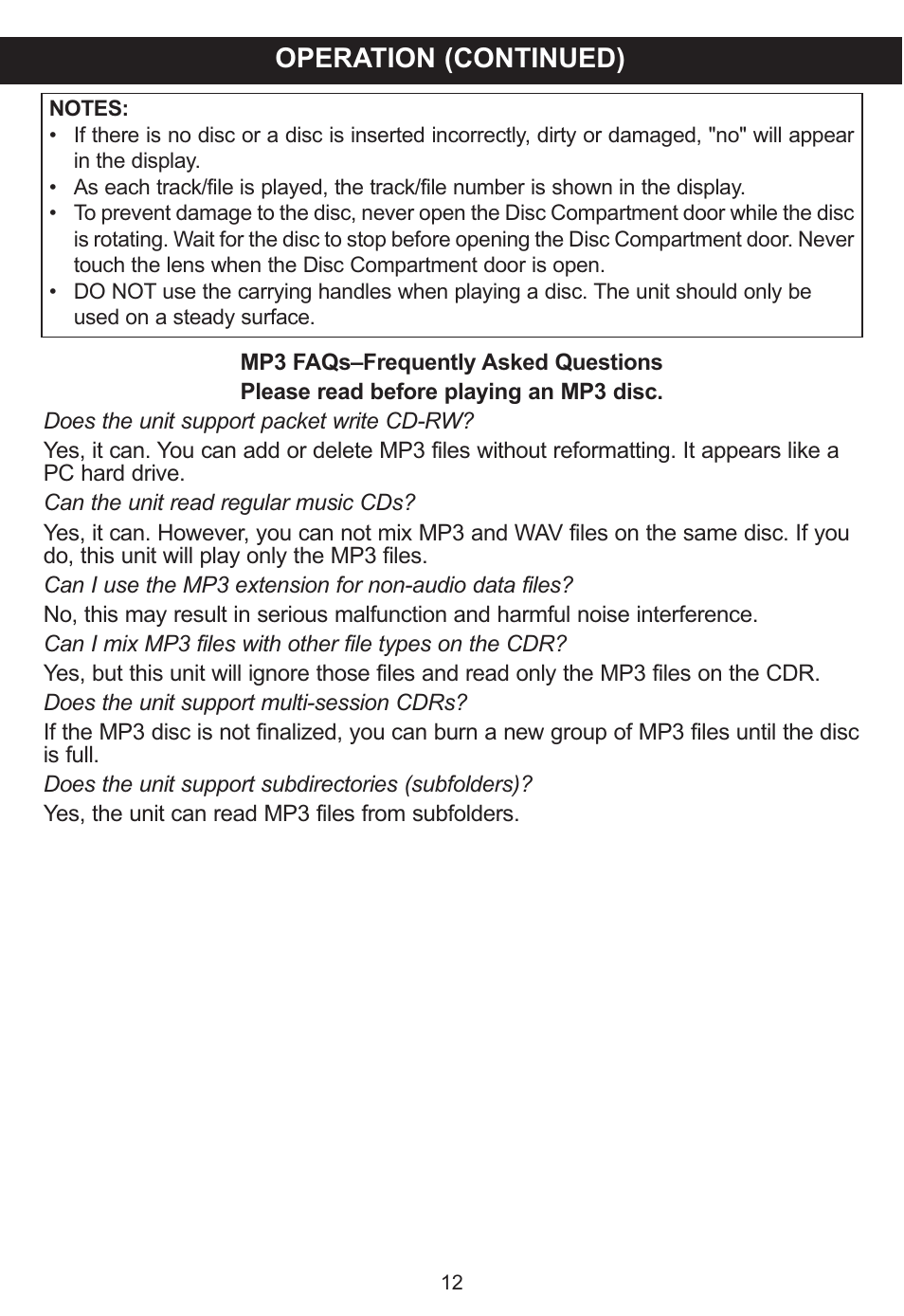 Operation (continued) | Memorex MP3142 User Manual | Page 13 / 22