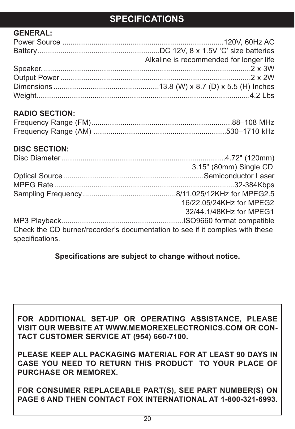Specifications | Memorex MP3142 User Manual | Page 21 / 22