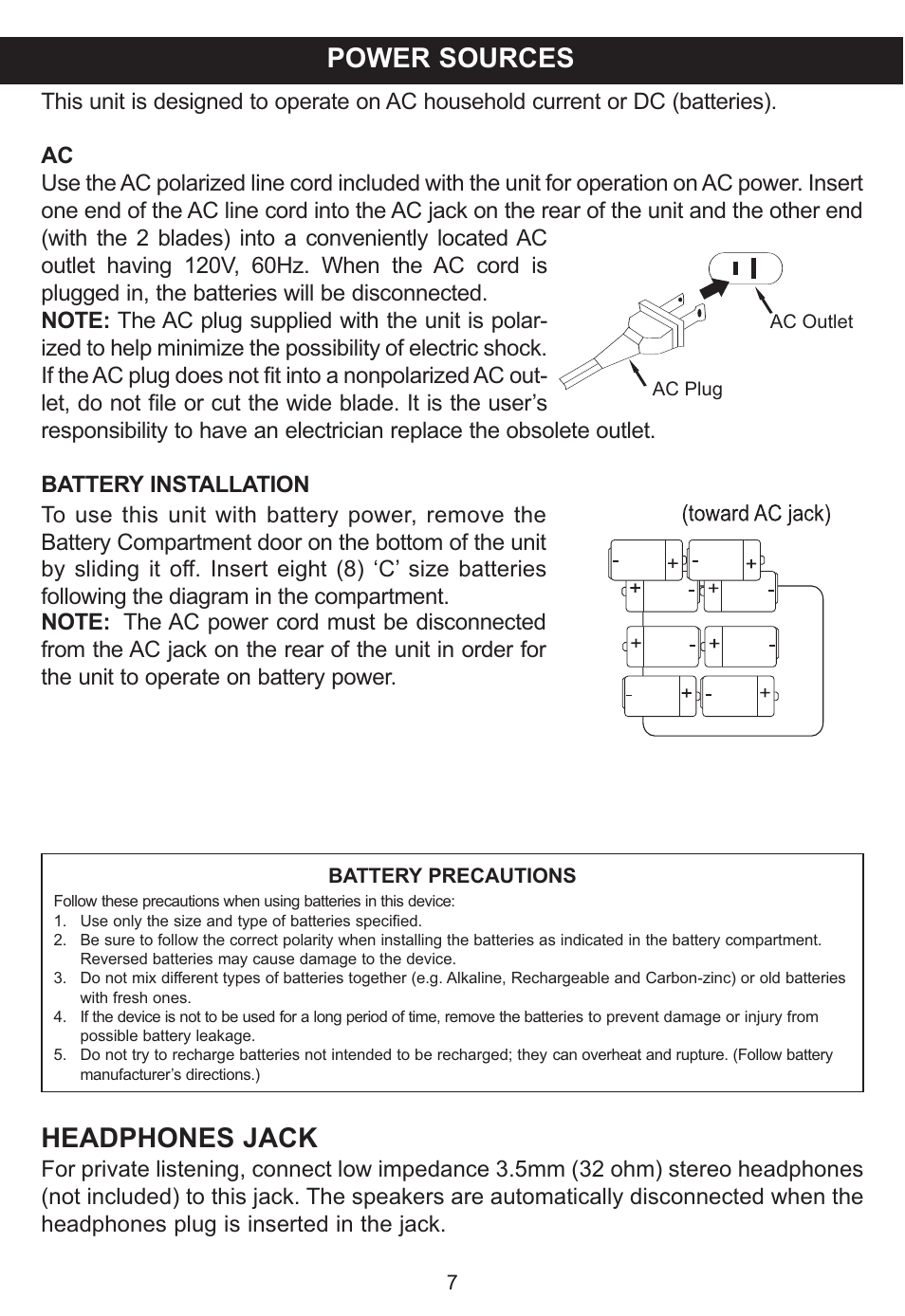 Power sources, Headphones jack | Memorex MP3142 User Manual | Page 8 / 22