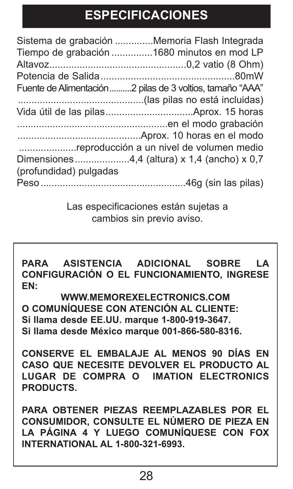Especificaciones 28 | Memorex MB2059B User Manual | Page 59 / 60