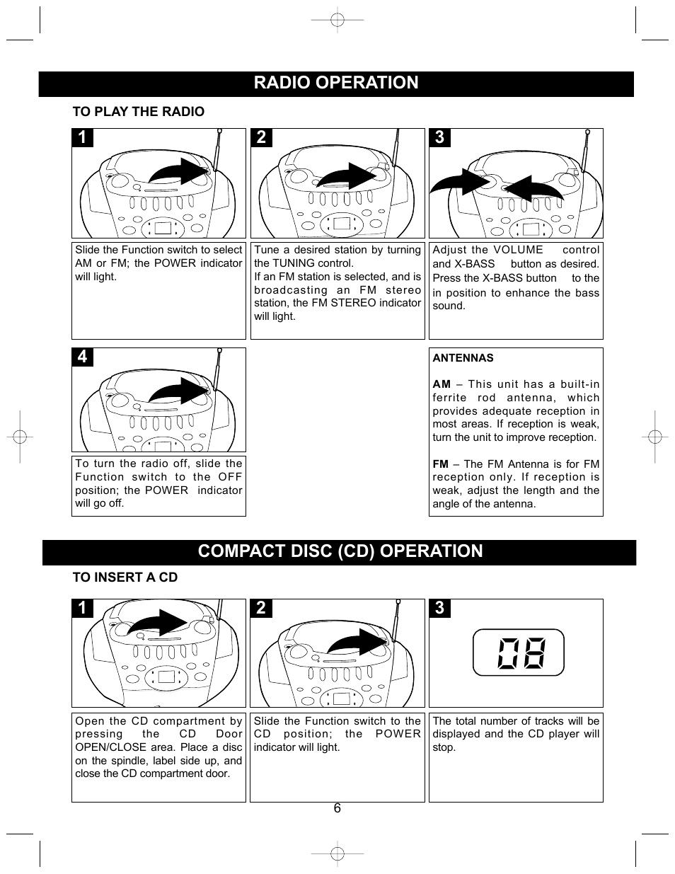 Radio operation, 2compact disc (cd) operation | Memorex MP3126 User Manual | Page 7 / 17