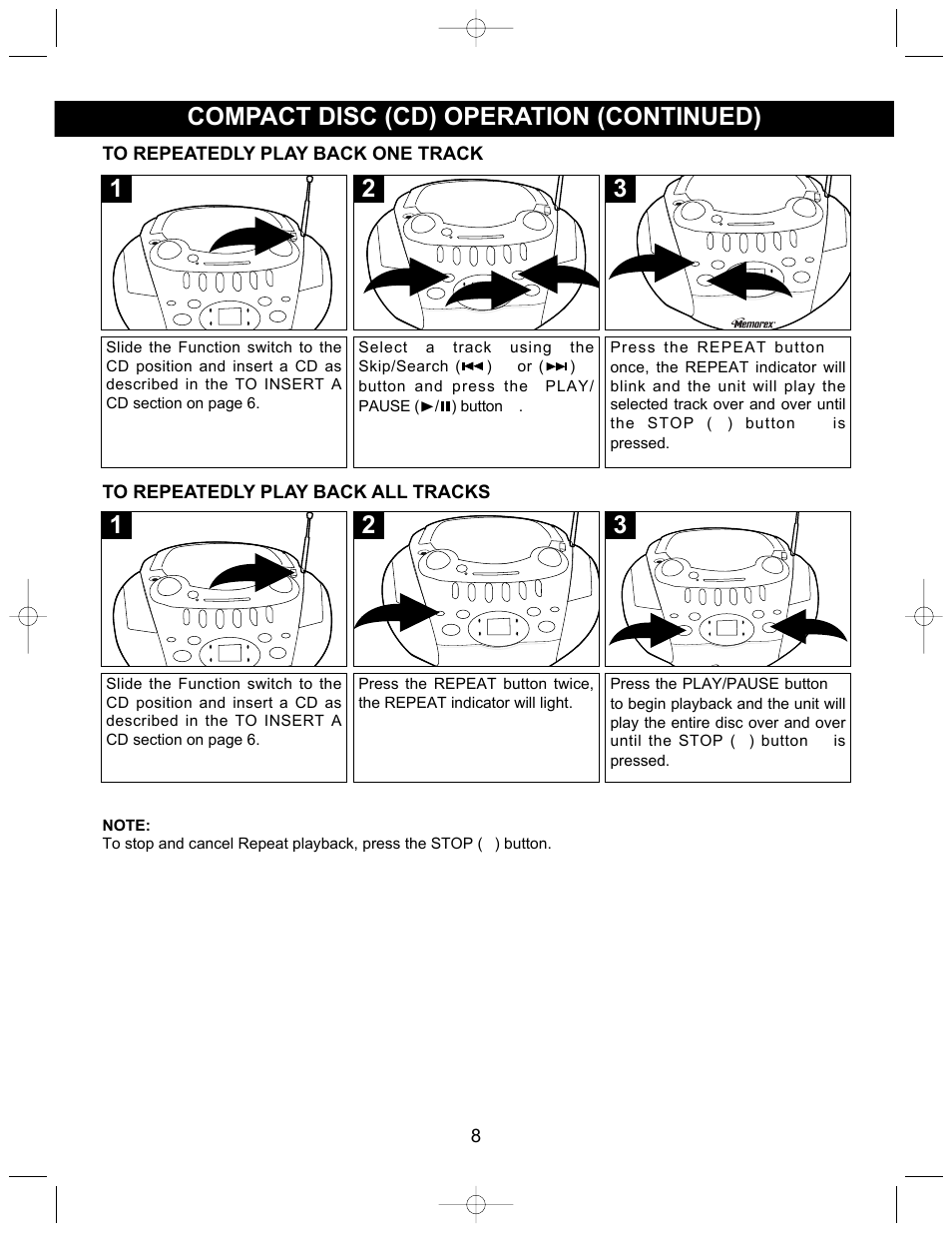 Compact disc (cd) operation (continued) | Memorex MP3126 User Manual | Page 9 / 17