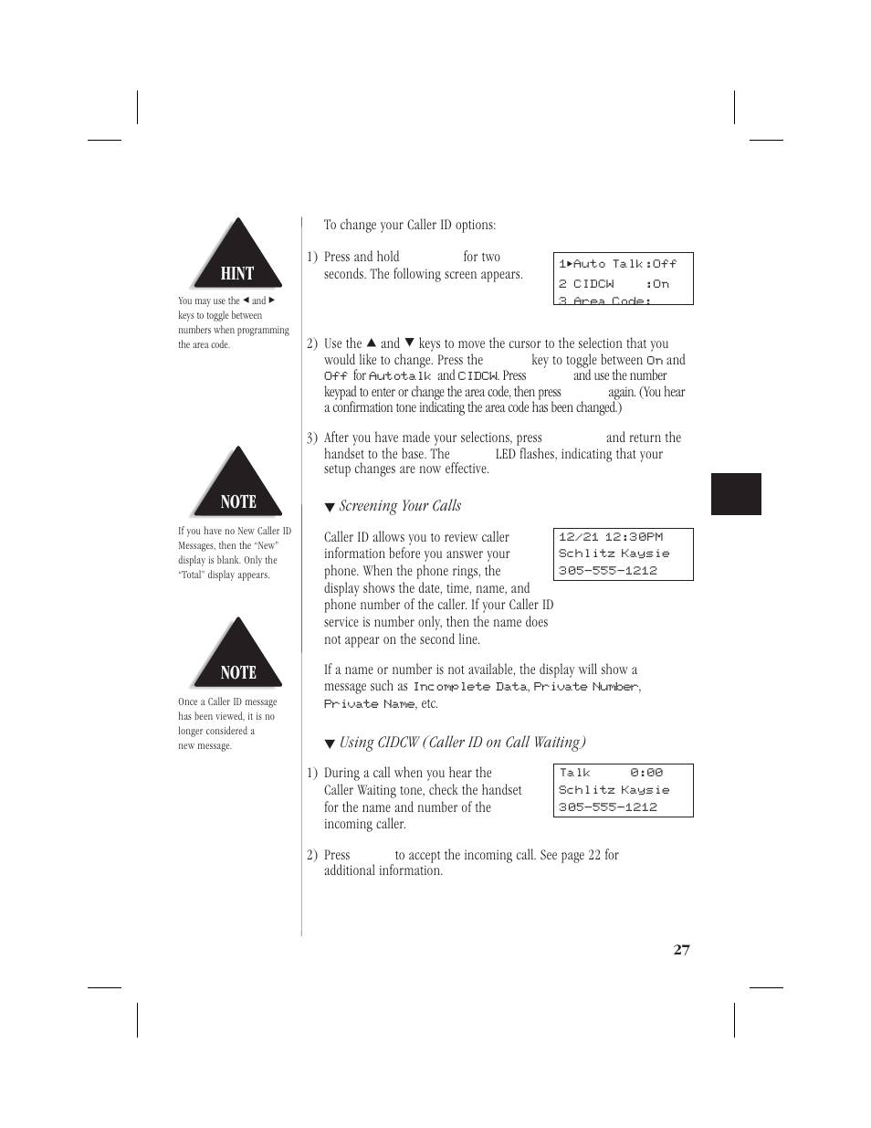 Hint, Screening your calls, Using cidcw (caller id on call waiting) | Memorex MPH6928 User Manual | Page 28 / 80