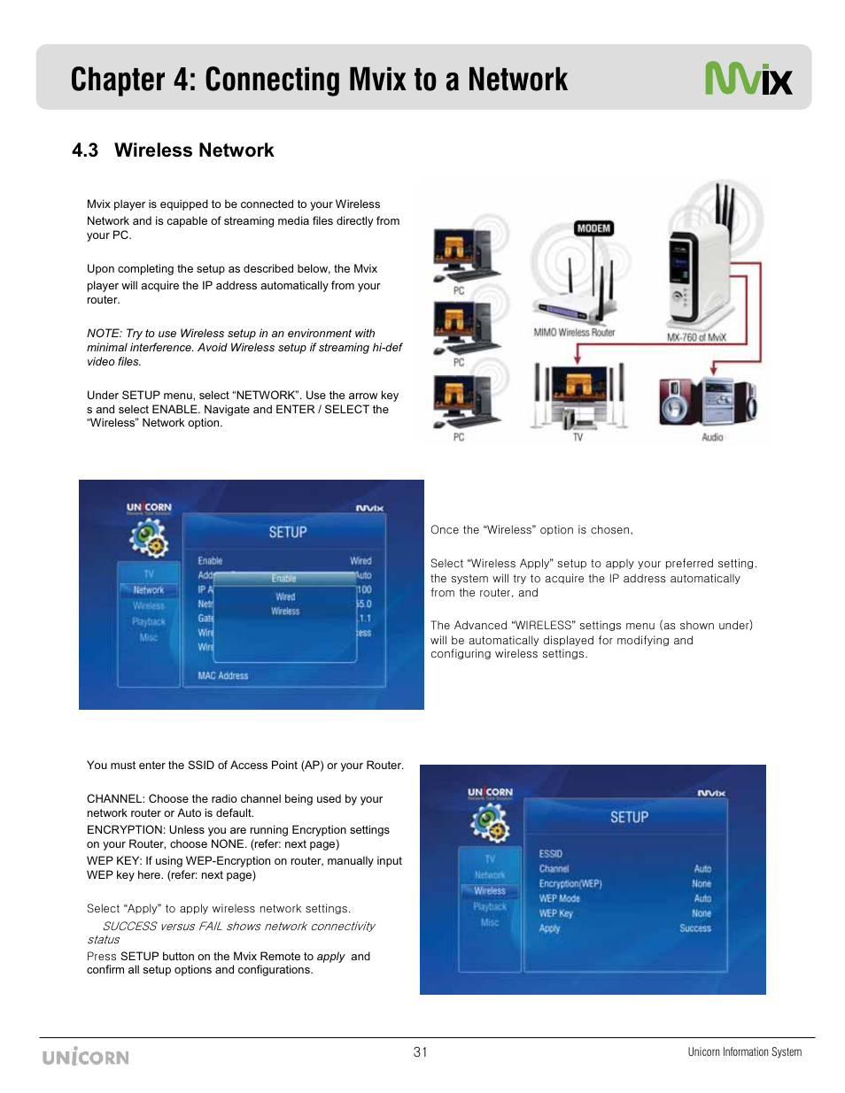 Chapter 4: connecting mvix to a network, 3 wireless network | Mvix MX-760HD User Manual | Page 32 / 102