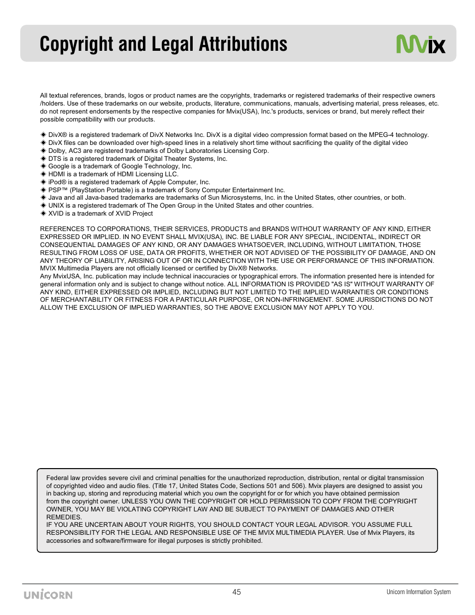 Copyright and legal attributions | Mvix MX-760HD User Manual | Page 46 / 102
