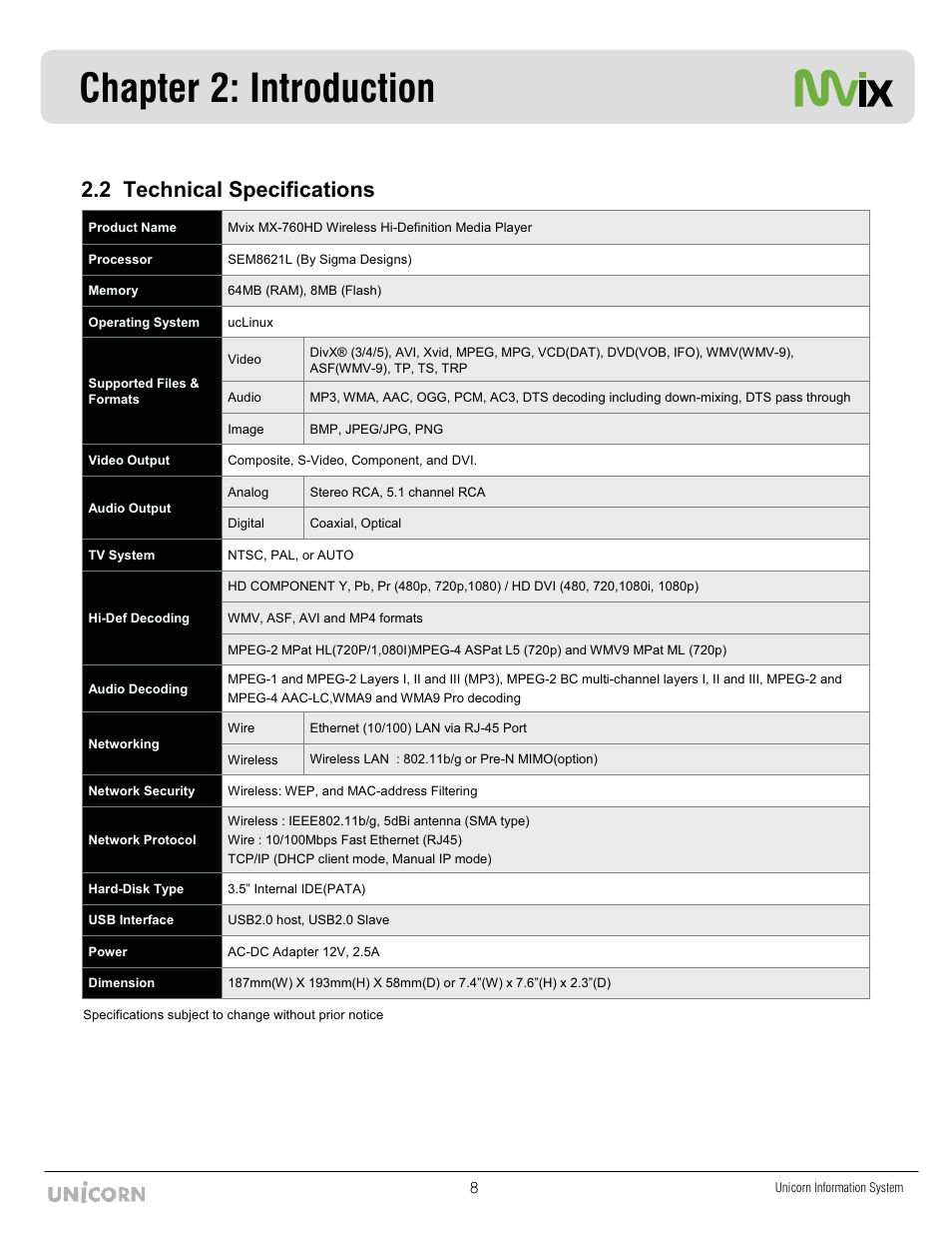 Chapter 2: introduction, 2 technical specifications | Mvix MX-760HD User Manual | Page 9 / 102