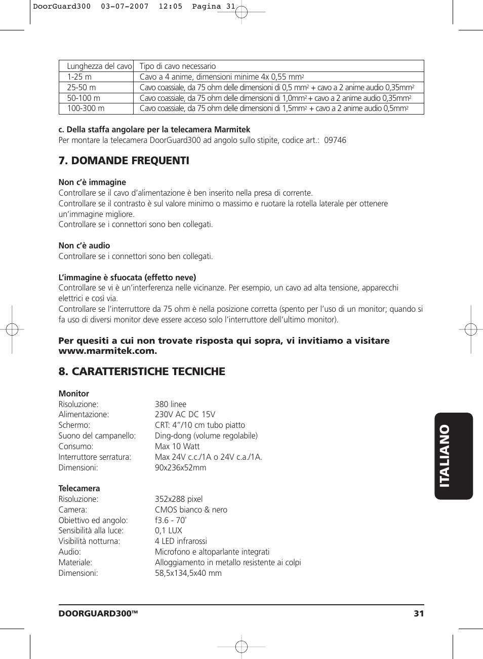 It aliano, Domande frequenti, Caratteristiche tecniche | Marmitek DoorGuard 300 User Manual | Page 31 / 40