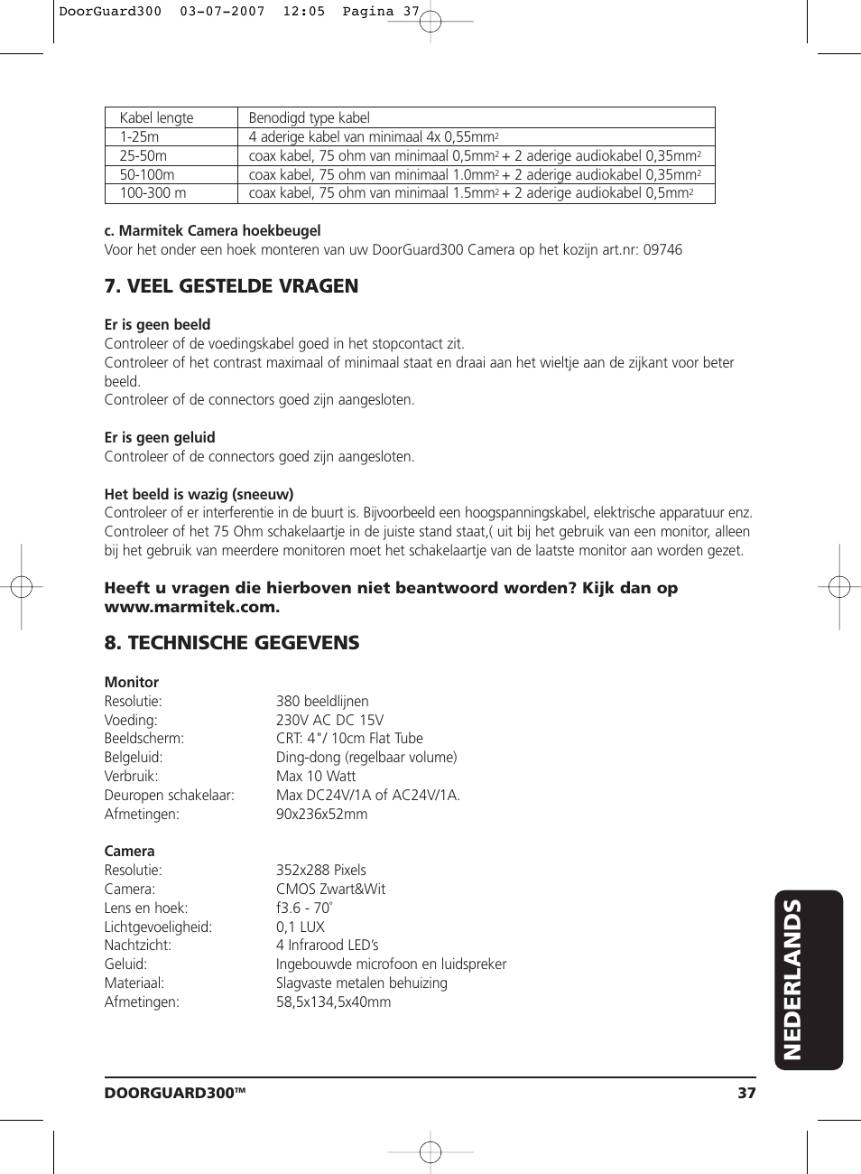 Nederlands, Veel gestelde vragen, Technische gegevens | Marmitek DoorGuard 300 User Manual | Page 37 / 40