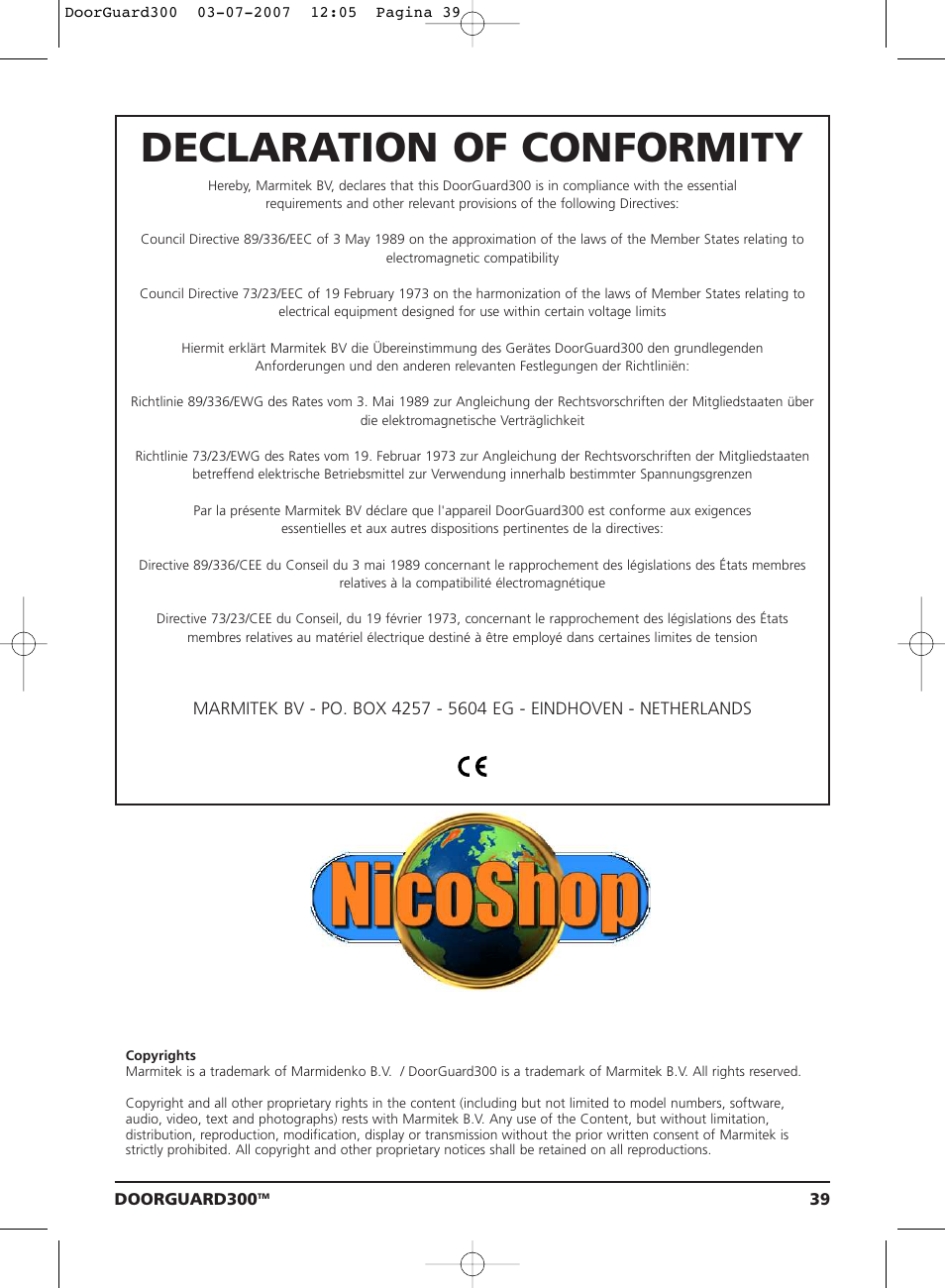Declaration of conformity | Marmitek DoorGuard 300 User Manual | Page 39 / 40