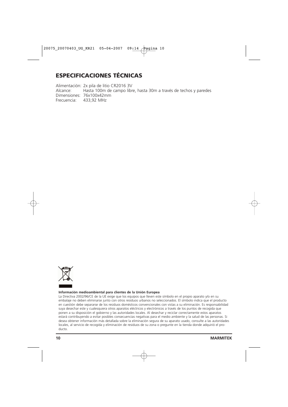 Especificaciones técnicas | Marmitek 20075/20070403 User Manual | Page 10 / 16
