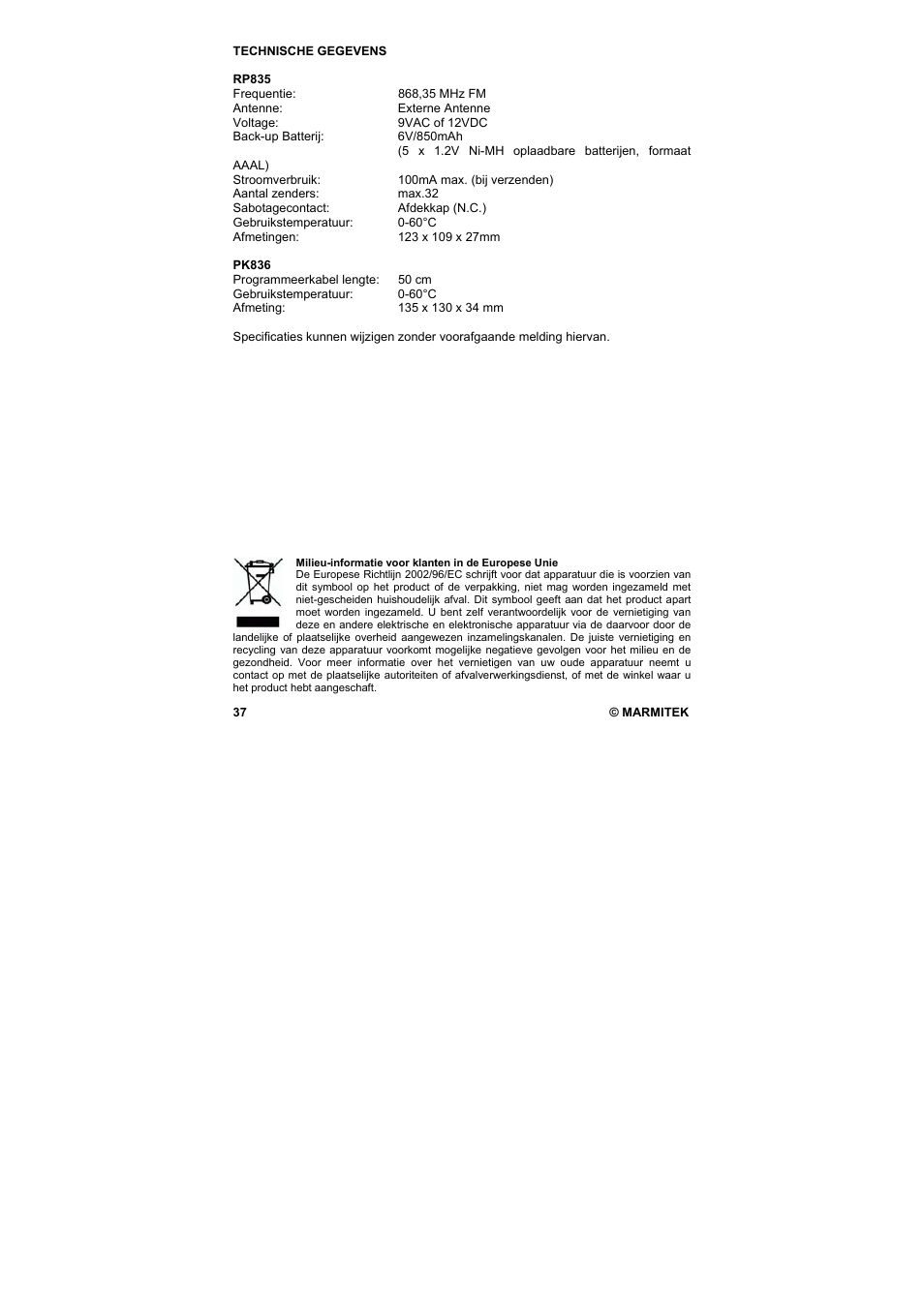 Marmitek PROGUARD800 Series RP835 User Manual | Page 37 / 40