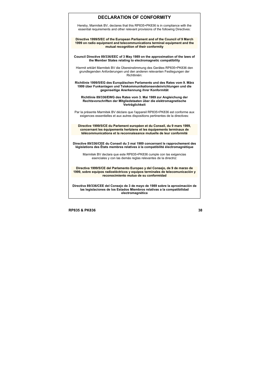 Declaration of conformity | Marmitek PROGUARD800 Series RP835 User Manual | Page 38 / 40
