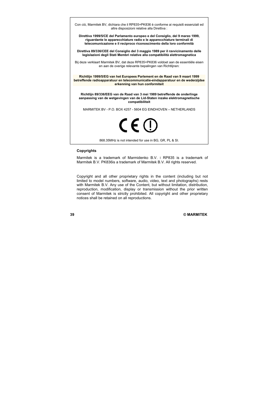 Marmitek PROGUARD800 Series RP835 User Manual | Page 39 / 40