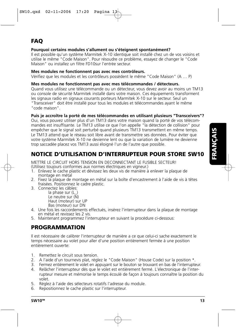 Français, Programmation | Marmitek SW10 User Manual | Page 13 / 28