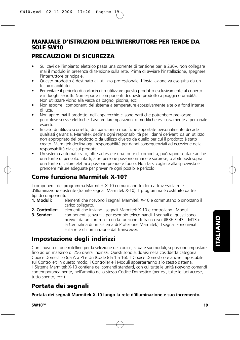 Manuale d’istruzioni 19, It aliano, Come funziona marmitek x-10 | Impostazione degli indirizzi, Portata dei segnali | Marmitek SW10 User Manual | Page 19 / 28