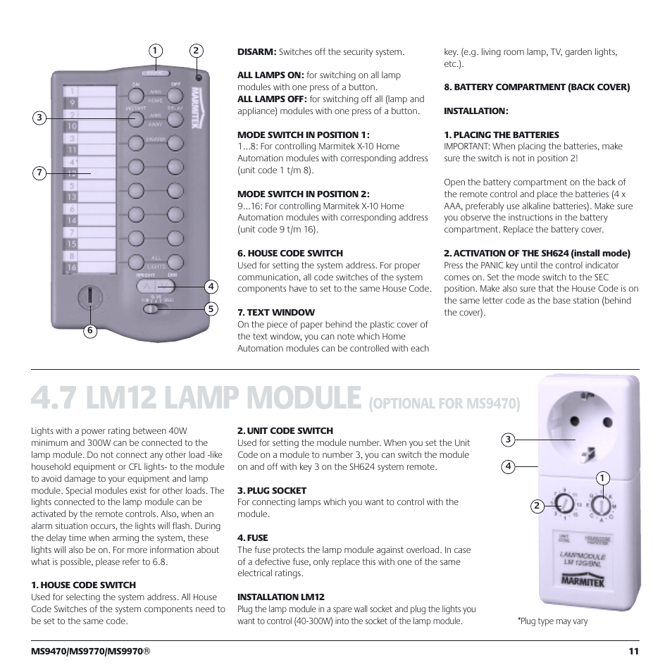 7 lm12 lamp module, Optional for ms9470) | Marmitek MS9770 User Manual | Page 11 / 36