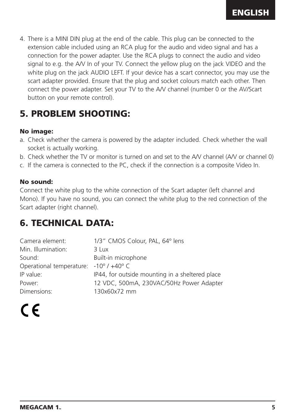 Problem shooting, Technical data, English | Marmitek MEGACAM1 User Manual | Page 5 / 16