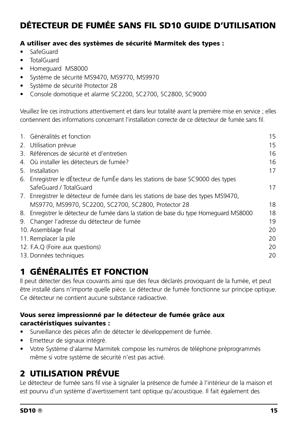 1 généralités et fonction, 2 utilisation prévue | Marmitek SD10 User Manual | Page 15 / 28