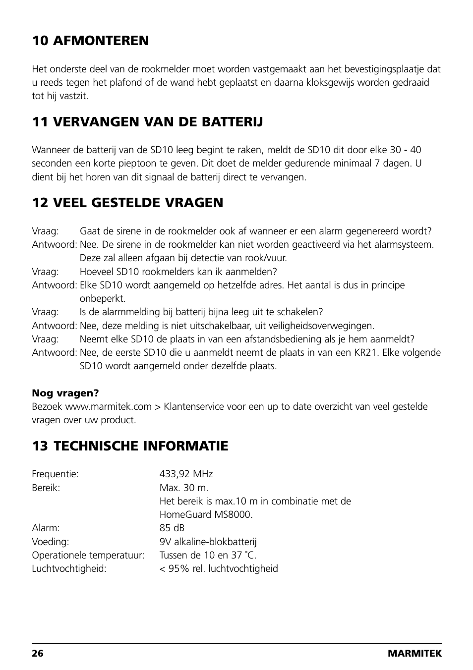 10 afmonteren, 11 vervangen van de batterij, 12 veel gestelde vragen | 13 technische informatie | Marmitek SD10 User Manual | Page 26 / 28