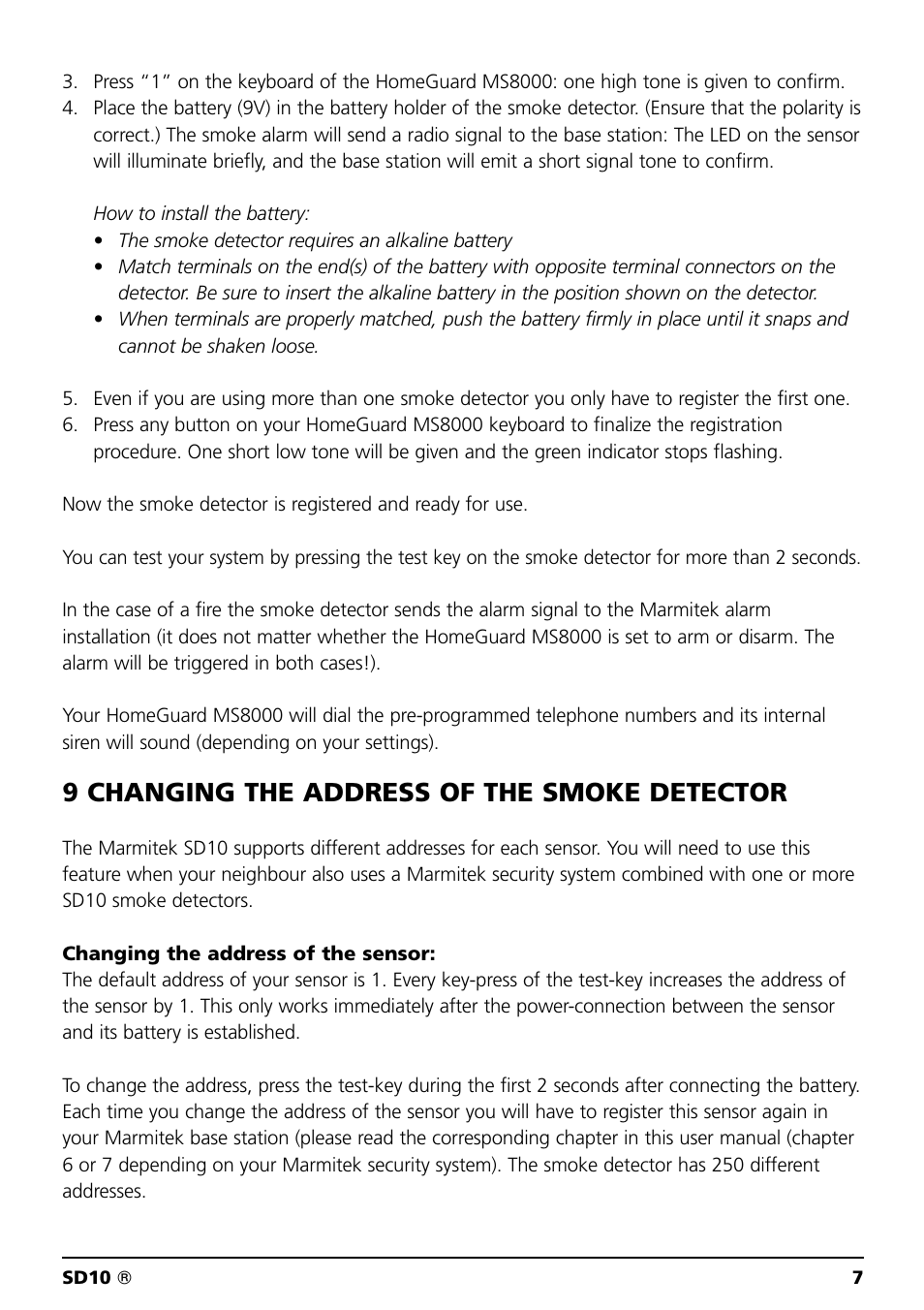 9 changing the address of the smoke detector | Marmitek SD10 User Manual | Page 7 / 28