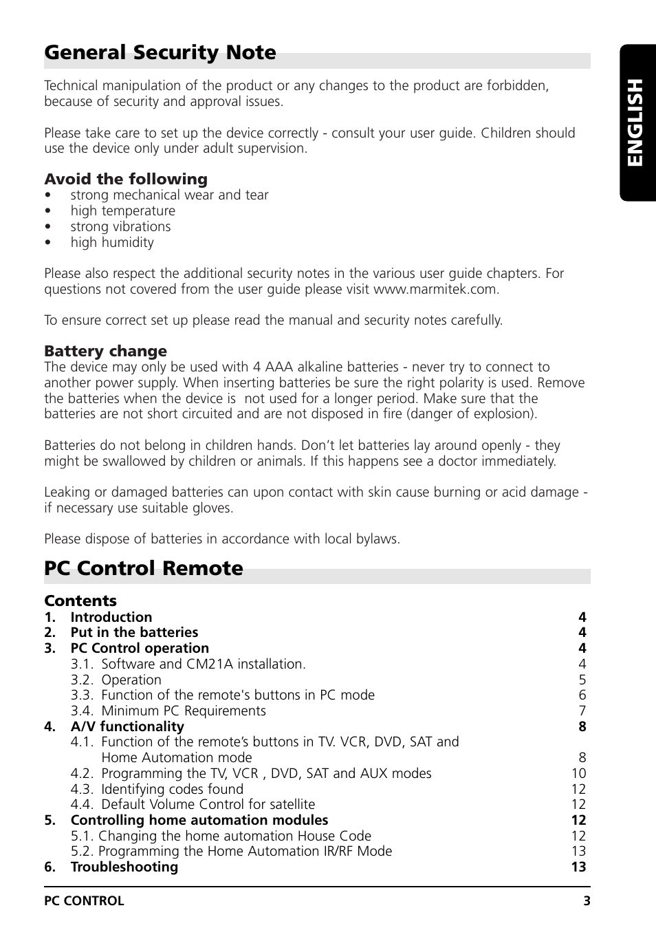 Pc control remote, English | Marmitek PC CONTROL User Manual | Page 3 / 56