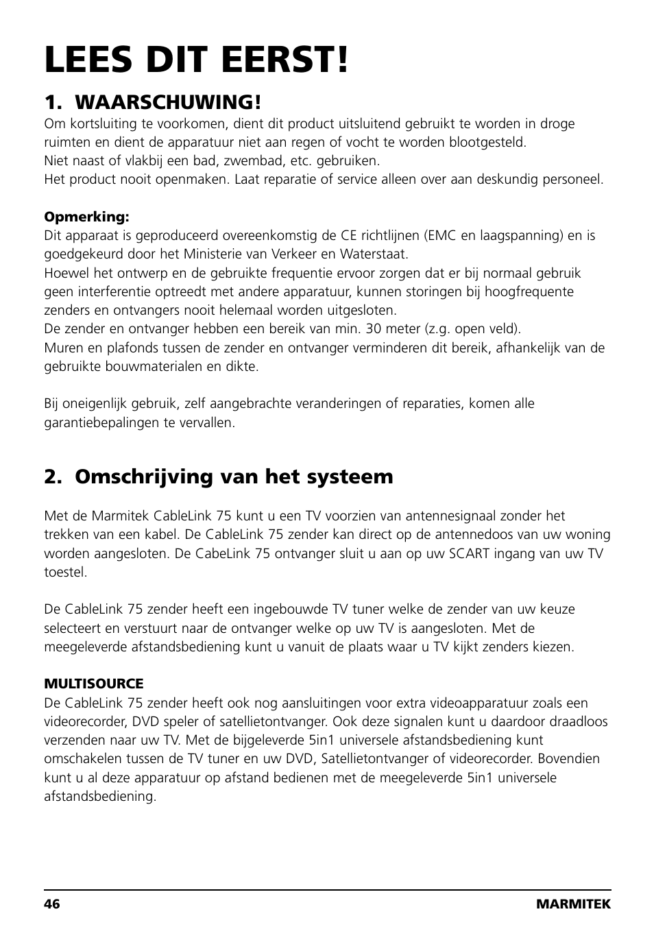Lees dit eerst, Waarschuwing, Omschrijving van het systeem | Marmitek 20041 User Manual | Page 46 / 68