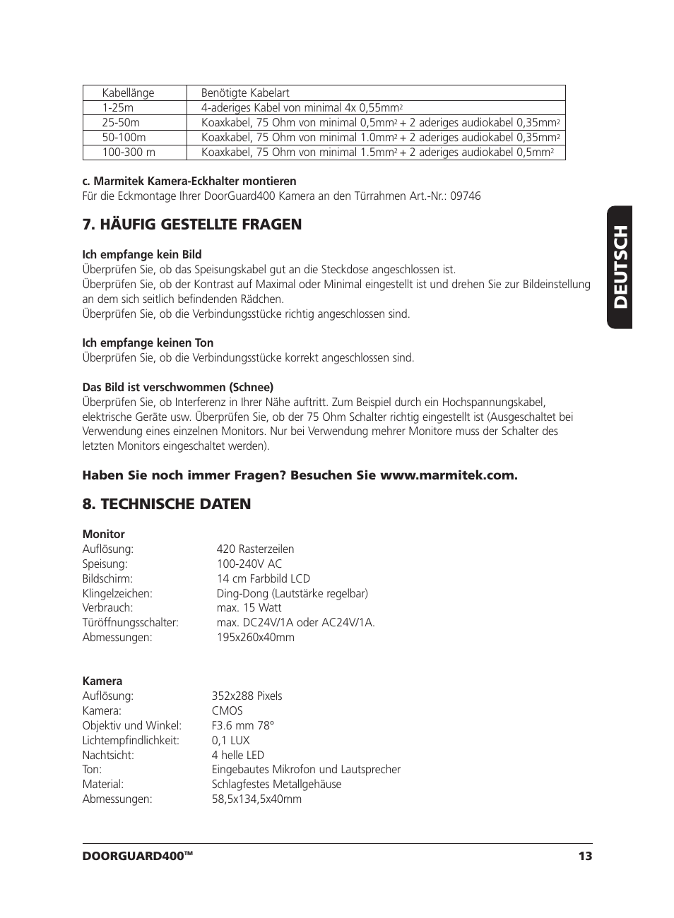 Deutsch, Häufig gestellte fragen, Technische daten | Marmitek VIDEO DOORPHONE User Manual | Page 13 / 40
