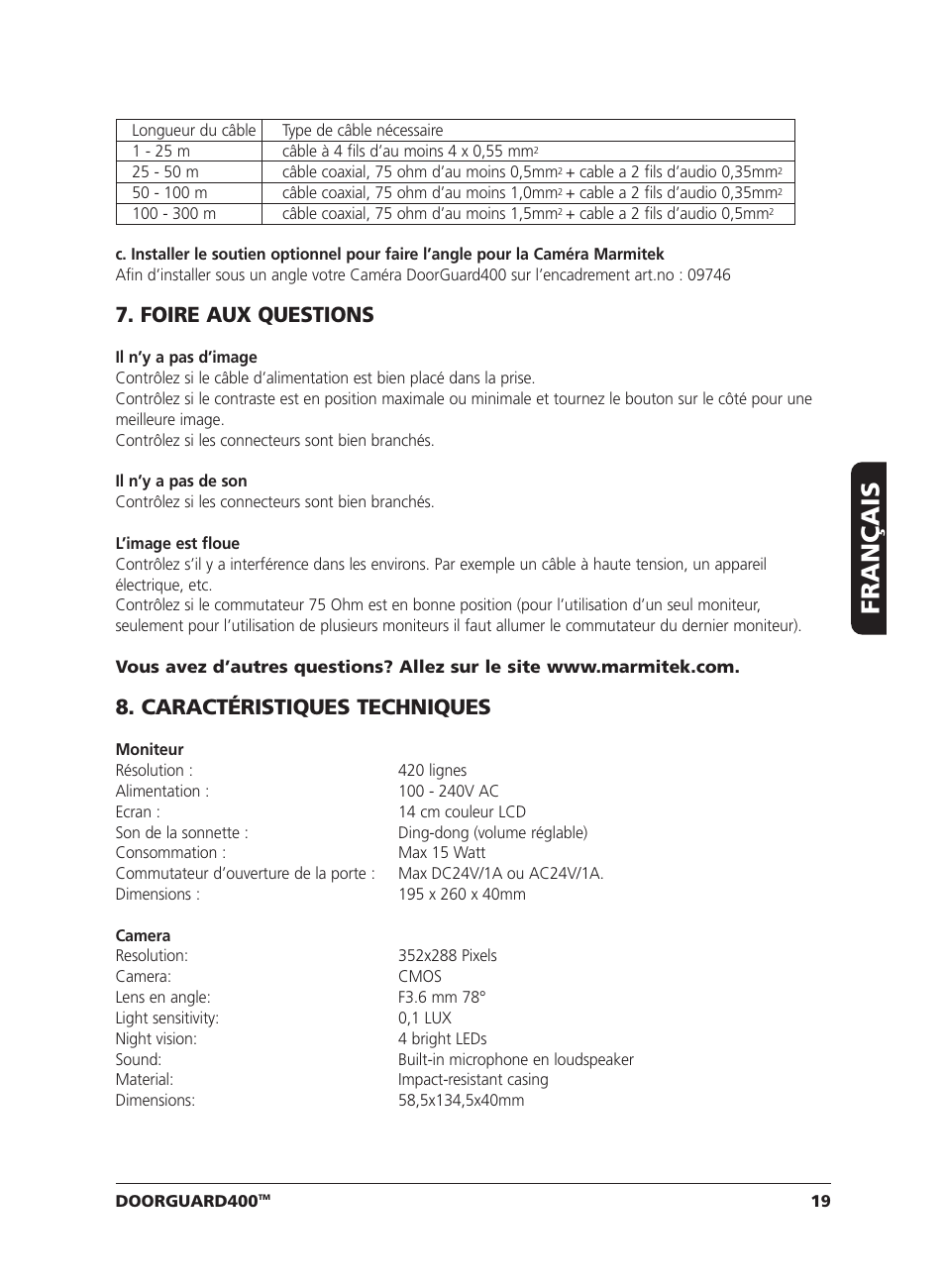 Français, Foire aux questions, Caractéristiques techniques | Marmitek VIDEO DOORPHONE User Manual | Page 19 / 40