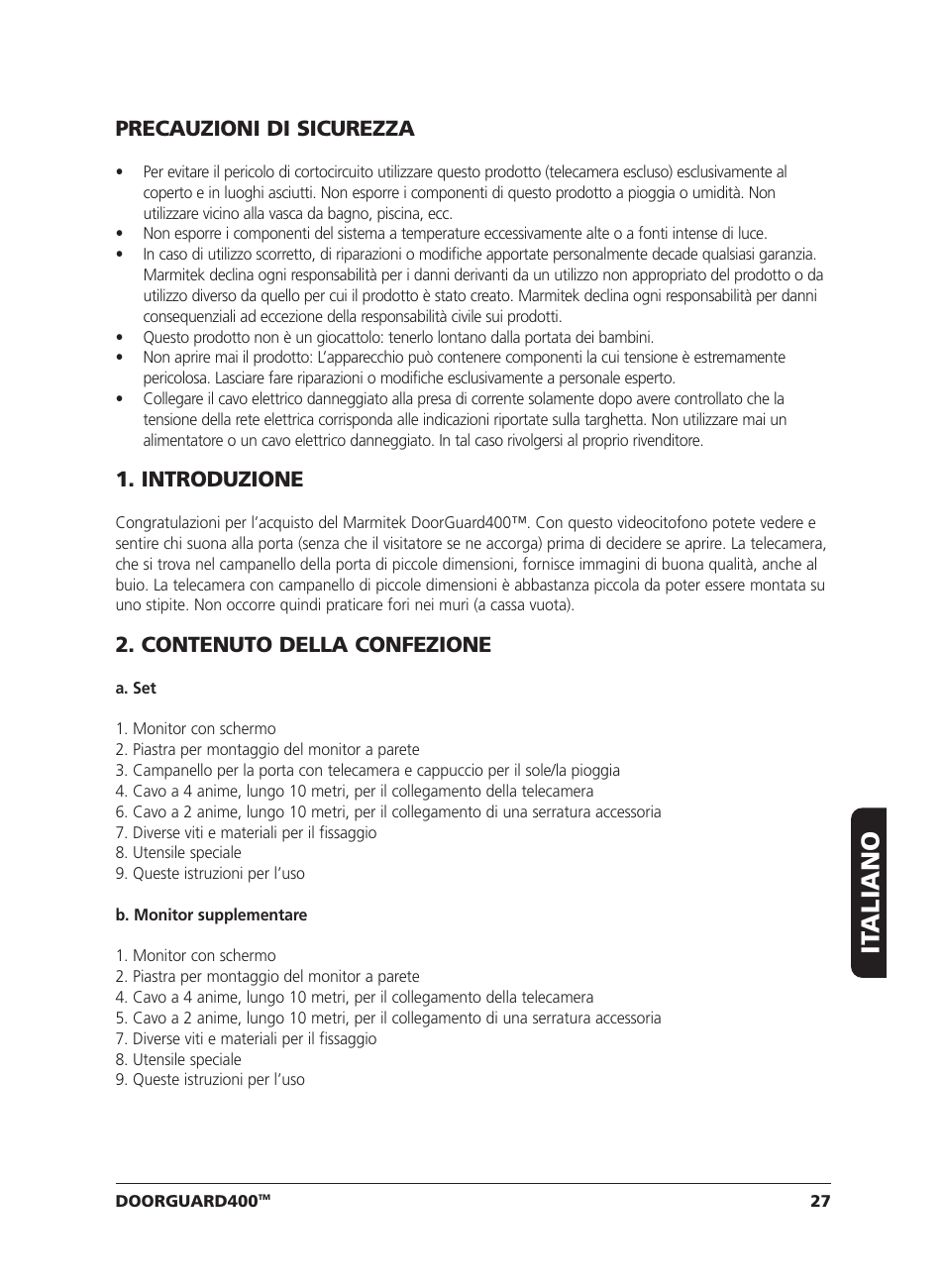 It aliano, Precauzioni di sicurezza, Introduzione | Contenuto della confezione | Marmitek VIDEO DOORPHONE User Manual | Page 27 / 40