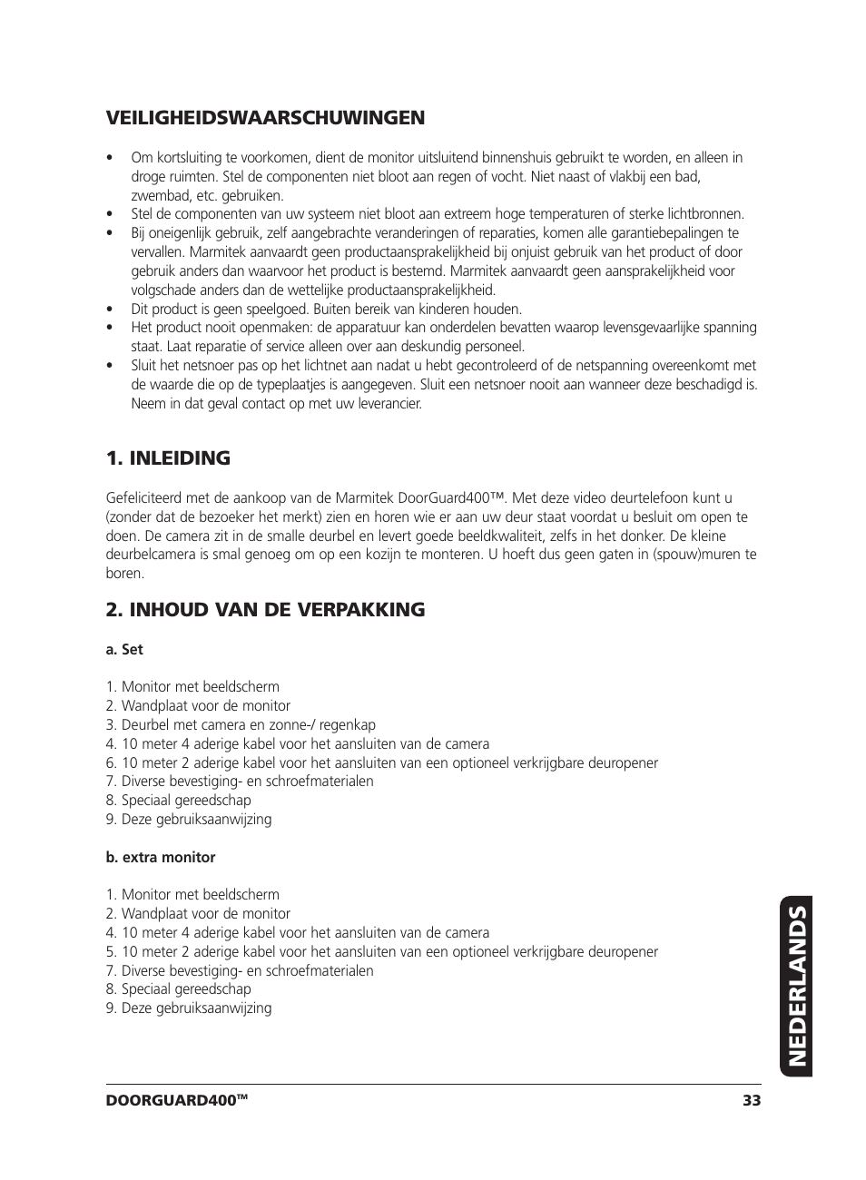 Nederlands, Veiligheidswaarschuwingen, Inleiding | Inhoud van de verpakking | Marmitek VIDEO DOORPHONE User Manual | Page 33 / 40