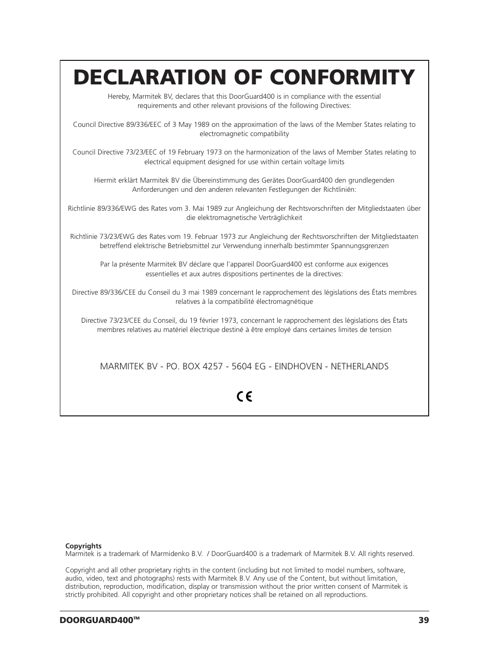 Declaration of conformity | Marmitek VIDEO DOORPHONE User Manual | Page 39 / 40