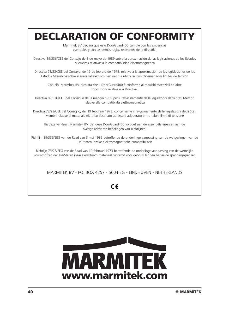 Declaration of conformity | Marmitek VIDEO DOORPHONE User Manual | Page 40 / 40