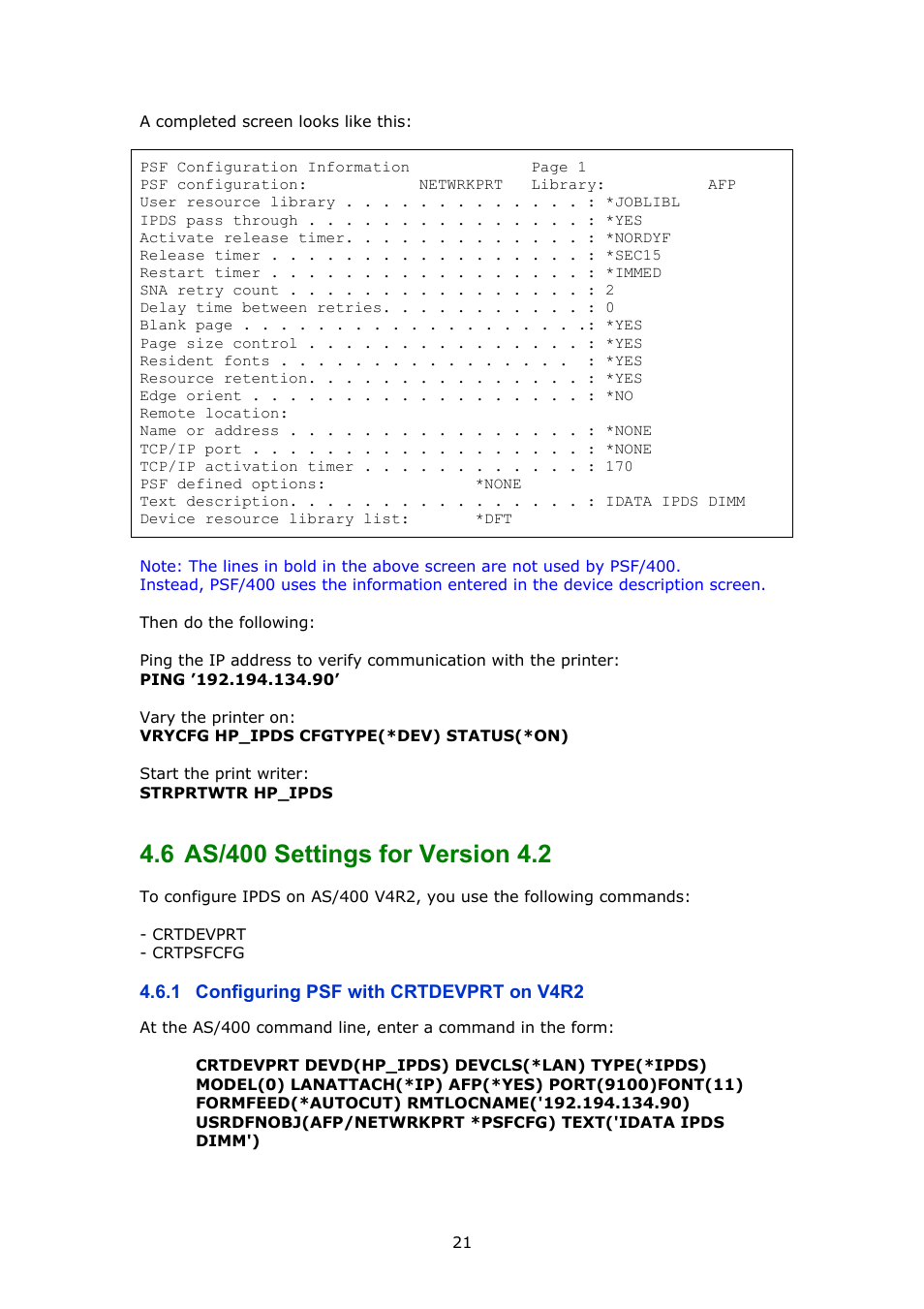 As/400 settings for version 4.2, Configuring psf with crtdevprt on v4r2, 6, as/400 settings for version 4.2 | MPI Technologies LaserJet 2100 User Manual | Page 21 / 40