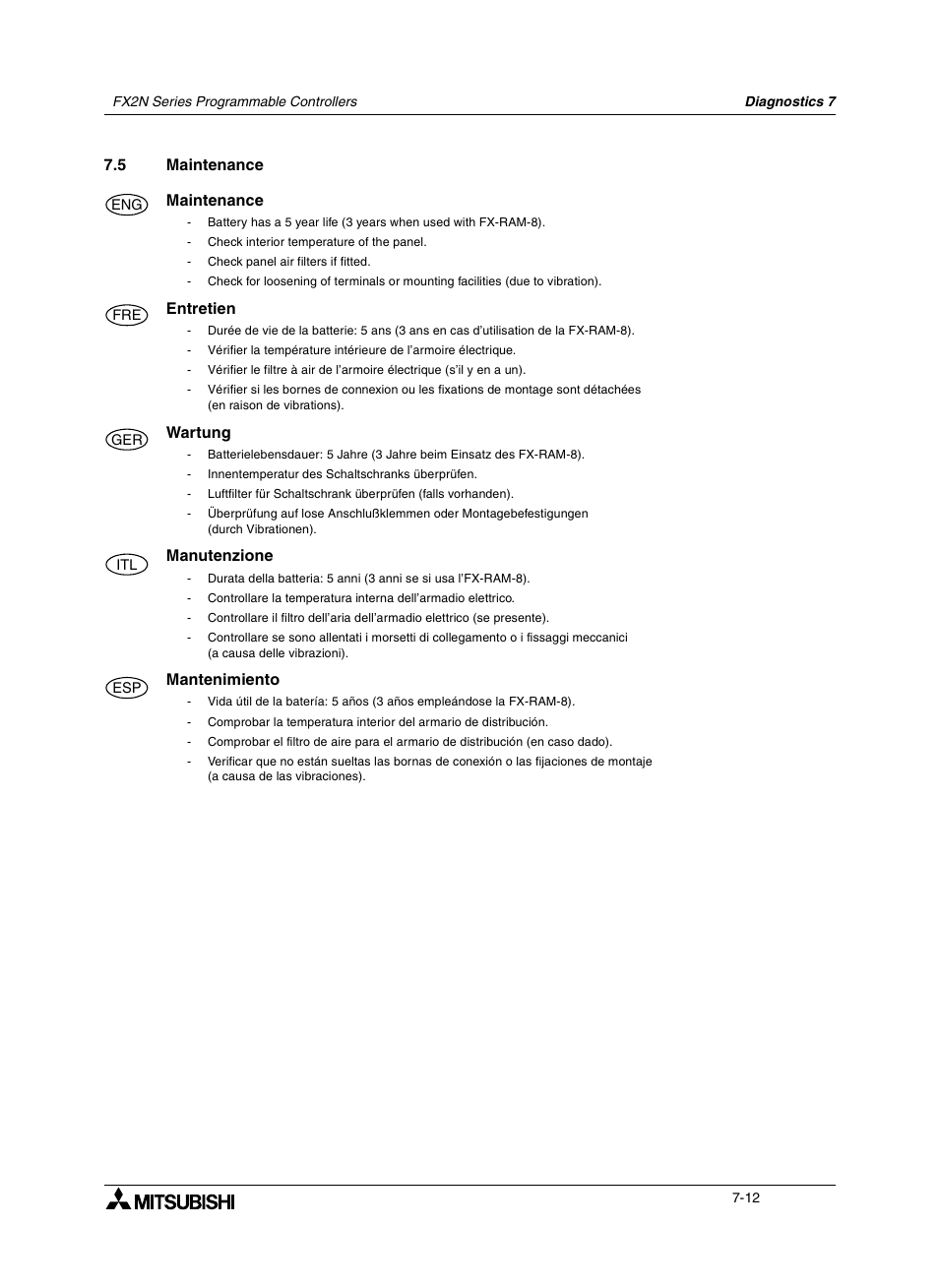 5 maintenance, 5 entretien, 5 wartung | 5 manutenzione, 5 mantenimiento, Maintenance -12, Entretien -12, Wartung -12, Manutenzione -12, Mantenimiento -12 | Mitsumi electronic FX2N User Manual | Page 104 / 130