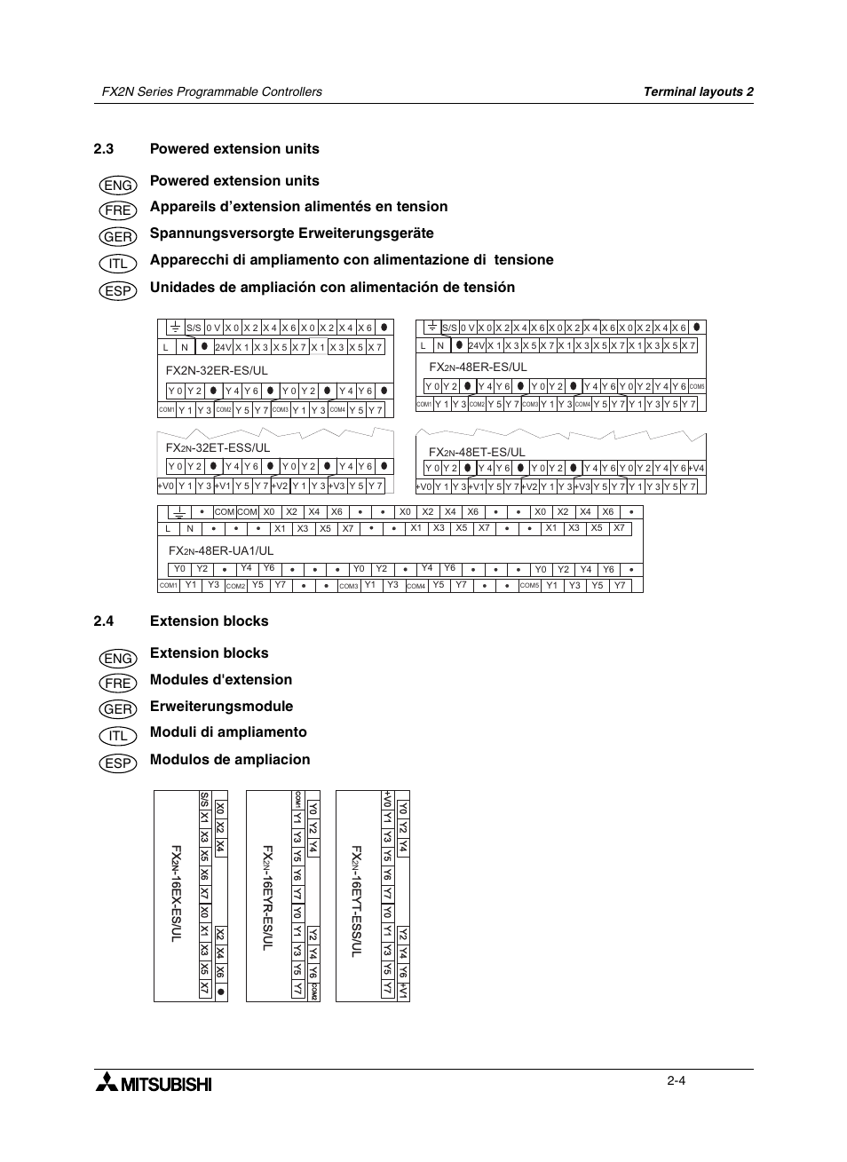 3 powered extension units, 4 extension blocks, 3 appareils d’extension alimentés en tension | 4 modules d'extension, 3 spannungsversorgte erweiterungsgeräte, 4 erweiterungsmodule, 4 moduli di ampliamento, 4 modulos de ampliacion, Powered extension units -4, Extension blocks -4 | Mitsumi electronic FX2N User Manual | Page 36 / 130