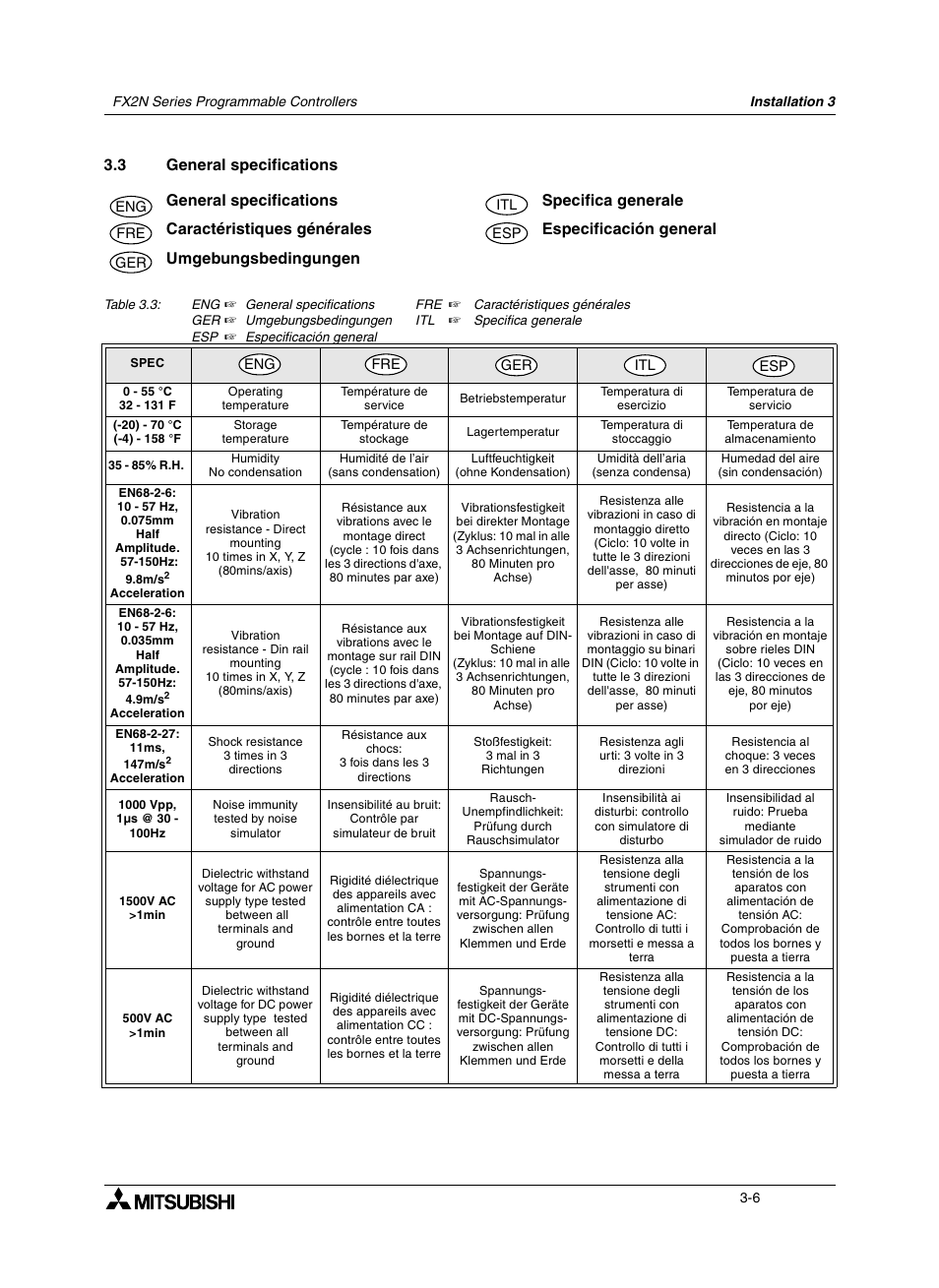 3 general specifications, 3 caractéristiques générales, 3 umgebungsbedingungen | 3 specifica generale, 3 especificación general, General specifications -6, Caractéristiques générales -6, Umgebungsbedingungen -6, Specifica generale -6, Especificación general -6 | Mitsumi electronic FX2N User Manual | Page 44 / 130