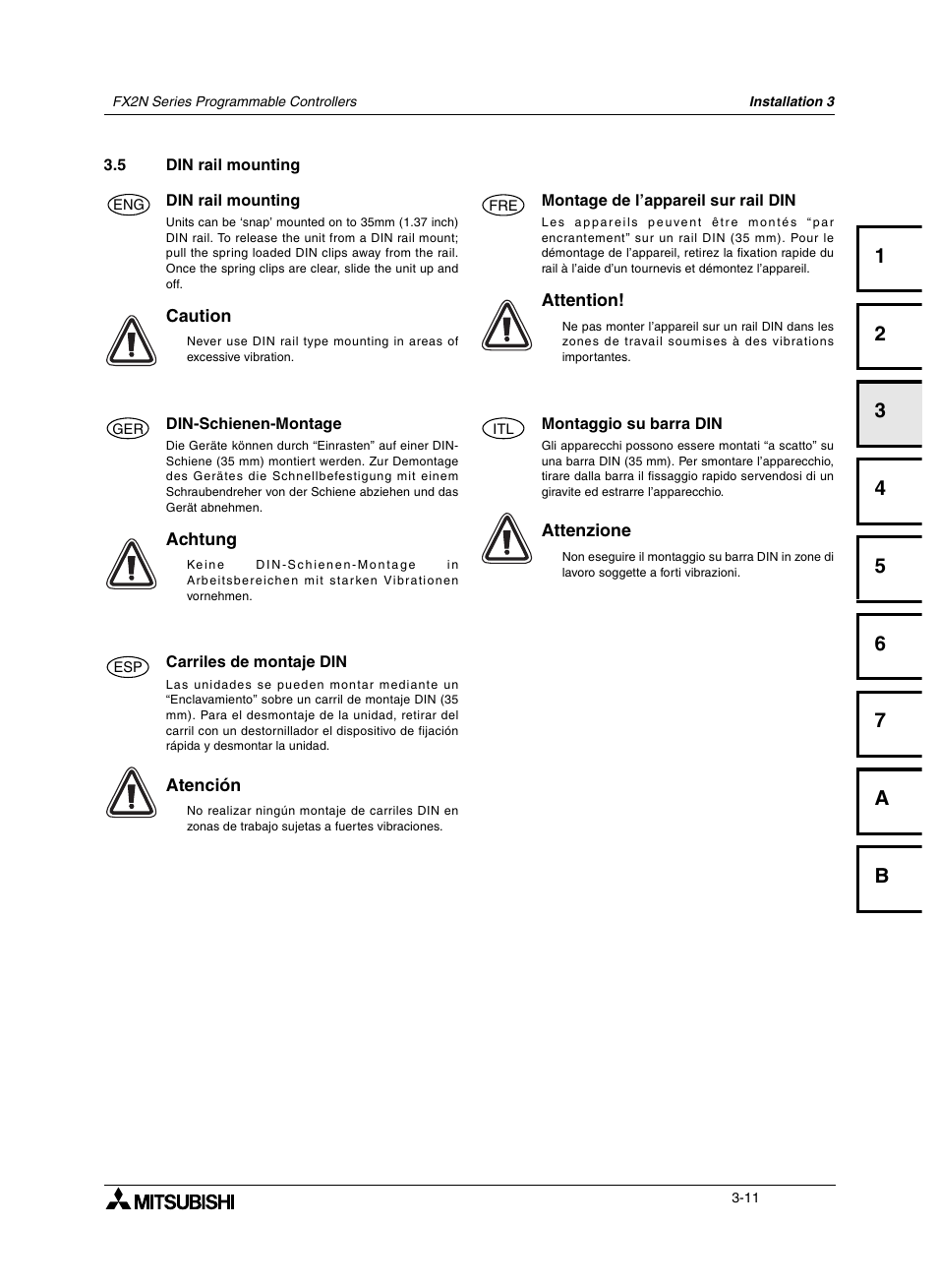 5 din rail mounting, 5 montage de l’appareil sur rail din, 5 din-schienen-montage | 5 montaggio su barra din, 5 carriles de montaje din, Din rail mounting -11, Montage de l’appareil sur rail din -11, Din-schienen-montage -11, Montaggio su barra din -11, Carriles de montaje din -11 | Mitsumi electronic FX2N User Manual | Page 49 / 130