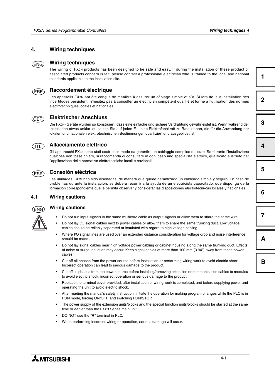 Wiring techniques, 1 wiring cautions, Raccordement électrique | Elektrischer anschluss, Allacciamento elettrico, Conexión eléctrica, Wiring techniques -1, Wiring cautions -1, Raccordement électrique -1, Elektrischer anschluss -1 | Mitsumi electronic FX2N User Manual | Page 55 / 130