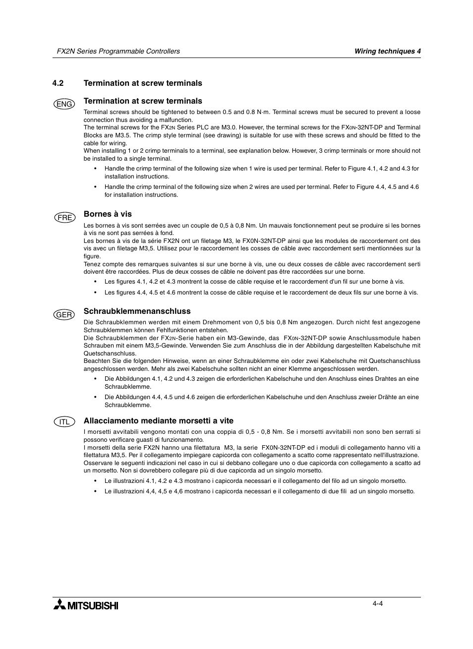 2 termination at screw terminals, 2 bornes à vis, 2 schraubklemmenanschluss | 2 allacciamento mediante morsetti a vite, Termination at screw terminals -4, Bornes à vis -4, Schraubklemmenanschluss -4 | Mitsumi electronic FX2N User Manual | Page 58 / 130