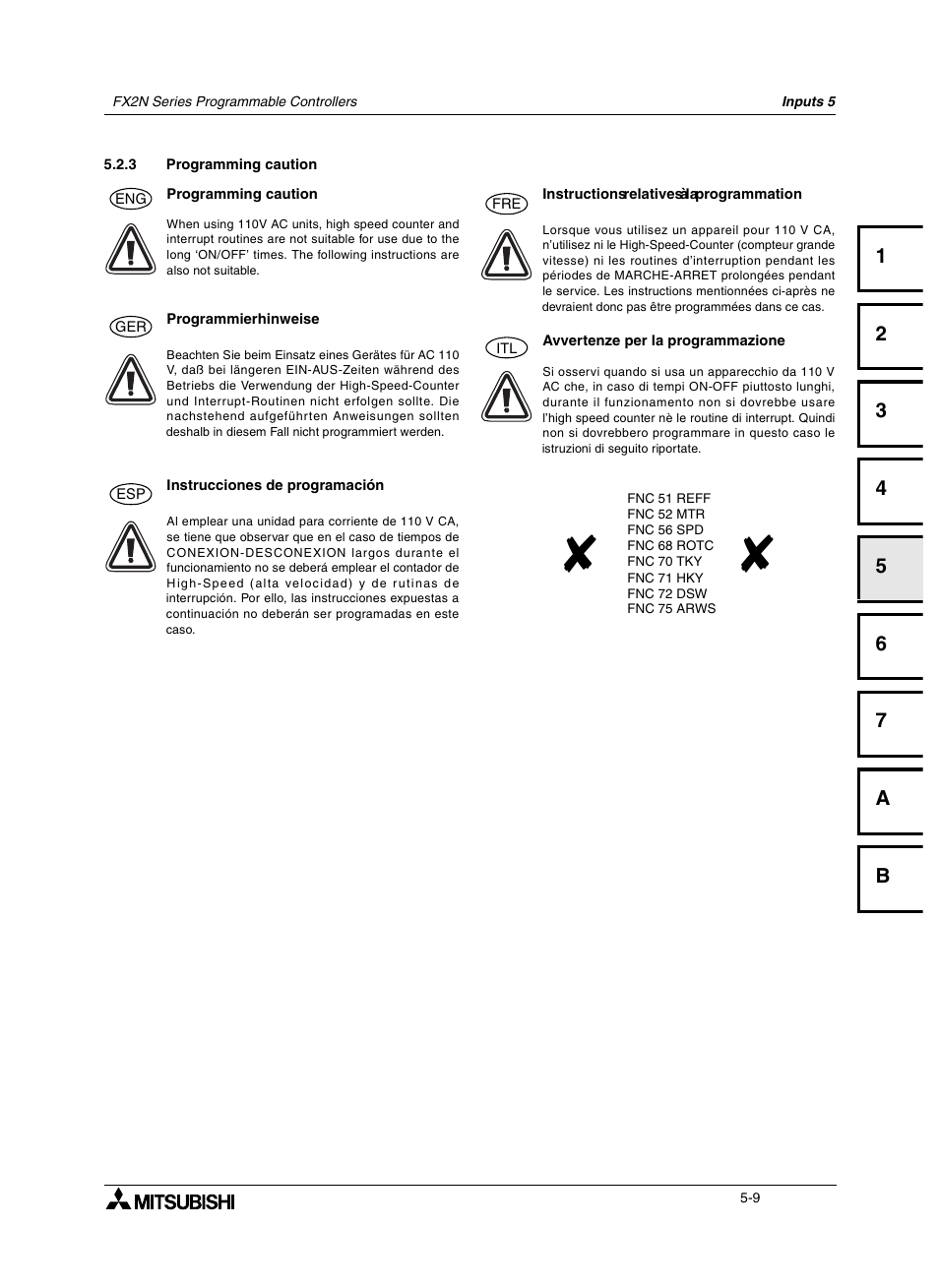 3 programming caution, 3 instructions relatives à la programmation, 3 programmierhinweise | 3 avvertenze per la programmazione, 3 instrucciones de programación, Programming caution -9, Instructions relatives à la programmation -9, Programmierhinweise -9, Avvertenze per la programmazione -9, Instrucciones de programación -9 | Mitsumi electronic FX2N User Manual | Page 77 / 130